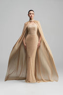  Pearl Square Mesh Lace Column Gown with Silk Shawl for women, from IHF STUDIO, The Viet Concept