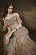 Gaia Mocha Brown Beaded Corset Chiffon Maxi Dress for women, from LINH PHUNG, The Viet Concept