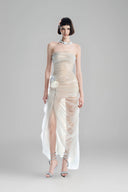 Cream Strapless Color-Blocked Mesh Bodycon Dress for women, from Must Have, The Viet Concept 