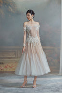 LINH PHUNG • Monika 3D Beaded Lace Off-Shoulder Corset Midi Dress