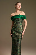 Off-Shoulder Metallic Jacquard Column Gown with Symmetric Bows for women, from IHF ATELIER, The Viet Concept 
