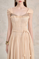 Dilana Embellished Chiffon Pleated A-Line Midi Dress for women, from LINH PHUNG, The Viet Concept