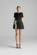 Black Structured Mini Dress with Crystal Detail and Rolled Rose Appliqués for woman, from IHF STUDIO, The Viet Concept 