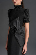 IHF STUDIO • Vine Guipure Lace & Taffeta Column Dress with Draped Bow