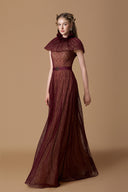 Dark Burgundy Lace A-Line Gown With Mini Cape & Jewel Waist for women, from IHF ATELIER, The Viet Concept 
