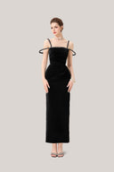 Black Mystic Sheath Square Neck Velvet Ankle Length Dress for women, from Calista, The Viet Concept 