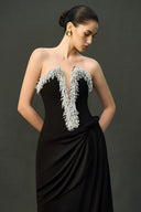 EEGEN STUDIO • Black Strapless Column Dress with Silver Fringe