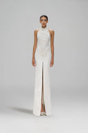 Apricity Embellished Brocade Halter Neck Evening Gown for women, from SORAMAME, The Viet Concept