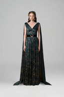 Teal Metallic Striped Chiffon V-Neck A-Line Gown With Long Train for women, from IHF ATELIER, The Viet Concept