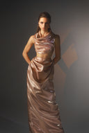 Rose Copper Draped Cut-Out Cowl Neck Maxi Dress for women, from SORAMAME, The Viet Concept