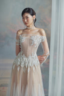 LINH PHUNG • Monika 3D Beaded Lace Off-Shoulder Corset Midi Dress