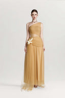 Latte Frosella Draped Corset Tulle Evening Gown for women, from CALISTA, The Viet Concept 