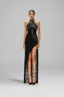 Transcendence Gilded Tweed Halter Neck Asymmetric Maxi Dress for women, from SORAMAME, The Viet Concept
