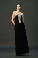 EEGEN STUDIO • Black Strapless Column Dress with Silver Fringe