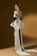 Gold & Black Floral Jacquard Strapless Bustier Column Gown with Bow for women, from IHF ATELIER, The Viet Concept