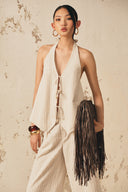 XITA • Beige Striped V-Neck Knit Gilet