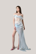 Light Blue Ventosa Asymmetrical Maxi Dress for women, from La Vierge, The Viet Concept 