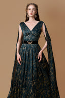 Teal Metallic Striped Chiffon V-Neck A-Line Gown With Long Train for women, from IHF ATELIER, The Viet Concept