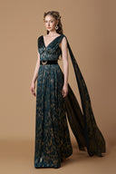 Teal Metallic Striped Chiffon V-Neck A-Line Gown With Long Train for women, from IHF ATELIER, The Viet Concept
