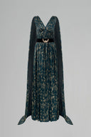 Teal Metallic Striped Chiffon V-Neck A-Line Gown With Long Train for women, from IHF ATELIER, The Viet Concept