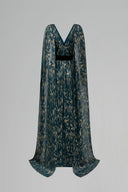 Teal Metallic Striped Chiffon V-Neck A-Line Gown With Long Train for women, from IHF ATELIER, The Viet Concept