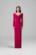 Dark Pink V-Neck Stone-Embellished Column Crepe de Chine Gown for women, from IHF ATELIER, The Viet Concept 