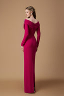 Dark Pink V-Neck Stone-Embellished Column Crepe de Chine Gown for women, from IHF ATELIER, The Viet Concept 
