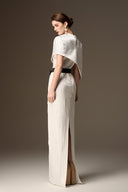 IHF ATELIER • White Metallic Striped Silk Column Gown with Asymmetric Cape