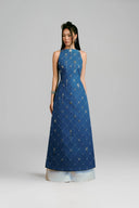 Azure Quilted Denim Halter Ao Dai With Crystal Embellishment for women, from KEIRA TONG, The Viet Concept