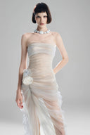 Cream Strapless Color-Blocked Mesh Bodycon Dress for women, from Must Have, The Viet Concept 