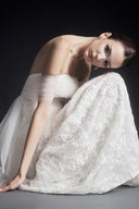 LINH PHUNG • Diorenna Off-Shoulder Embossed Lace Bridal Gown with Detachable Tulle Cape