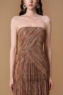 Bustier A-Line Gown With Long Cape In Beige Gold Tie-Dye Chiffon for women, from IHF ATELIER, The Viet Concept 