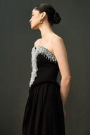 EEGEN STUDIO • Black Strapless Column Dress with Silver Fringe