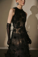 ARTI APPAREL • Lunara Hand-Beaded Feather Lace Luxury Dress