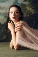 LINH PHUNG • Florenza Blush Bloom Sequined Lace Draped Tulle Midi Dress
