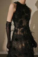 ARTI APPAREL • Lunara Hand-Beaded Feather Lace Luxury Dress