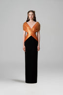 Orange Noir Metallic Silk Draped V-Neck Column Gown for women, from IHF ATELIER, The Viet Concept 