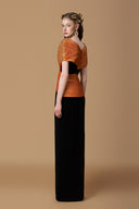 Orange Noir Metallic Silk Draped V-Neck Column Gown for women, from IHF ATELIER, The Viet Concept 