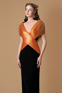 Orange Noir Metallic Silk Draped V-Neck Column Gown for women, from IHF ATELIER, The Viet Concept 