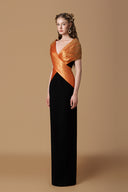 Orange Noir Metallic Silk Draped V-Neck Column Gown for women, from IHF ATELIER, The Viet Concept 