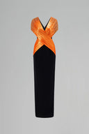 Orange Noir Metallic Silk Draped V-Neck Column Gown for women, from IHF ATELIER, The Viet Concept 
