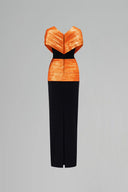 Orange Noir Metallic Silk Draped V-Neck Column Gown for women, from IHF ATELIER, The Viet Concept 