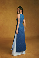 Azure Quilted Denim Halter Ao Dai With Crystal Embellishment for women, from KEIRA TONG, The Viet Concept