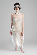 Cream Strapless Color-Blocked Mesh Bodycon Dress for women, from Must Have, The Viet Concept 