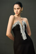 EEGEN STUDIO • Black Strapless Column Dress with Silver Fringe