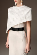 IHF ATELIER • White Metallic Striped Silk Column Gown with Asymmetric Cape