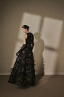 ARTI APPAREL • Lunara Hand-Beaded Feather Lace Luxury Dress