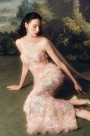 LINH PHUNG • Florenza Blush Bloom Sequined Lace Draped Tulle Midi Dress