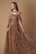Bustier A-Line Gown With Long Cape In Beige Gold Tie-Dye Chiffon for women, from IHF ATELIER, The Viet Concept 