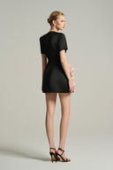 Black Structured Mini Dress with Crystal Detail and Rolled Rose Appliqués for woman, from IHF STUDIO, The Viet Concept 